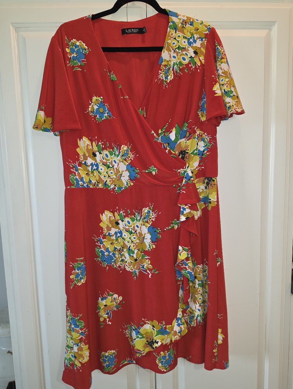 Lauren Ralph Lauren Red Floral Faux-Wrap Dress Size 18